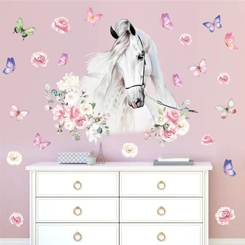 White Horses Wall Decals Farm Animal Decals Peel and Stick Wild Horse Wall Decor Butterfly Flowers Wall Stickers Horses Vinyl Art Mural for Living Room Kids Bedroom Nursery Farmhouse Office Decor Gift