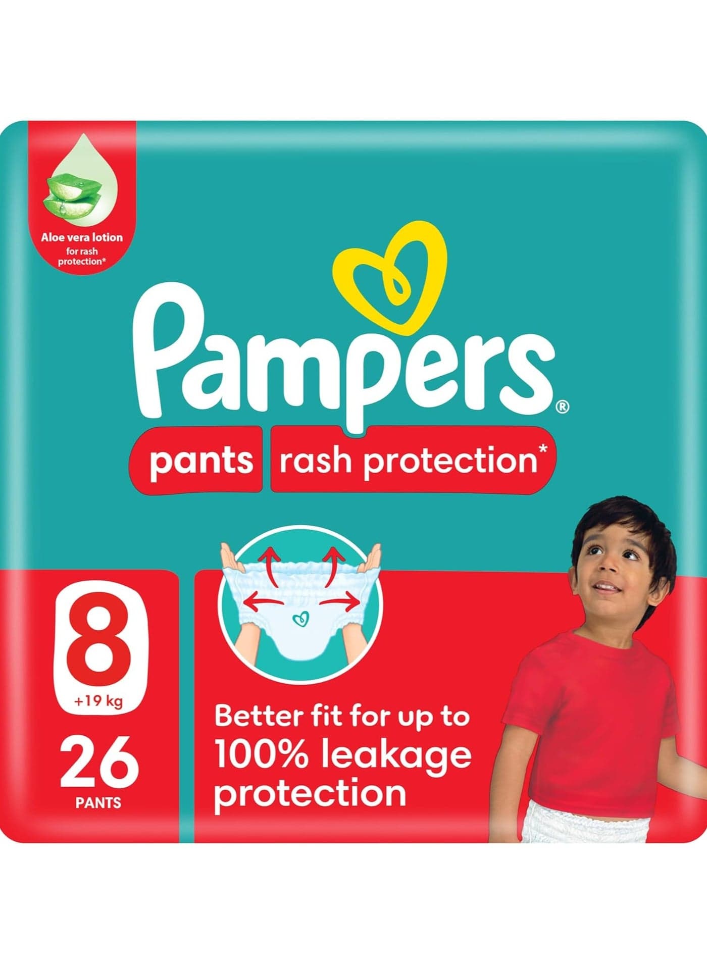 Pampers Rash Protection Pants Diapers, Size 8, 19+kg, with Aloe Vera, 360° Leak-Free Fit for up to 100% Leakage Protection, Value Pack, 26 Count