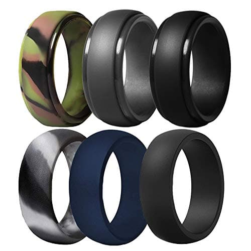 Silicone Wedding Ring for Men, 6 Pack Breathable Silicone Rubber Wedding Bands Thin Silicone Ring - 8.7 mm Wide(Camo,Blue,Dark Grey,Black) (Camo,Blue,Dark Grey,Black, Size 11 - (20.57 mm))