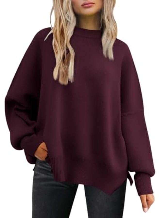 Women's Oversized Batwing Sweaters 2025 Fall Outfits Trendy Crewneck Knit Side Slit Fashion Pullover Tops