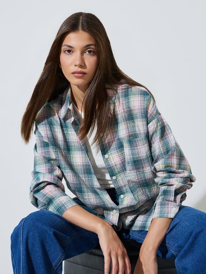 Styli Green Checkered Longline Casual Shirt