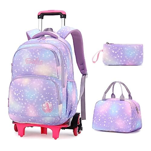 3Pcs Rolling Backpack for Girls Dream Princess Wind Bookbag with Wheels Travel Bag Trolley School Bag with Lunch Box Purple