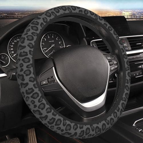 FJyuanqi Black Leopard Cheetah Steering Wheel Cover for Women Girls AntiSlip High Elastic Breathable Soft Rubber Car Steering Wheel Cover Universal 15 Inch Fit for Cars Auto SUVs