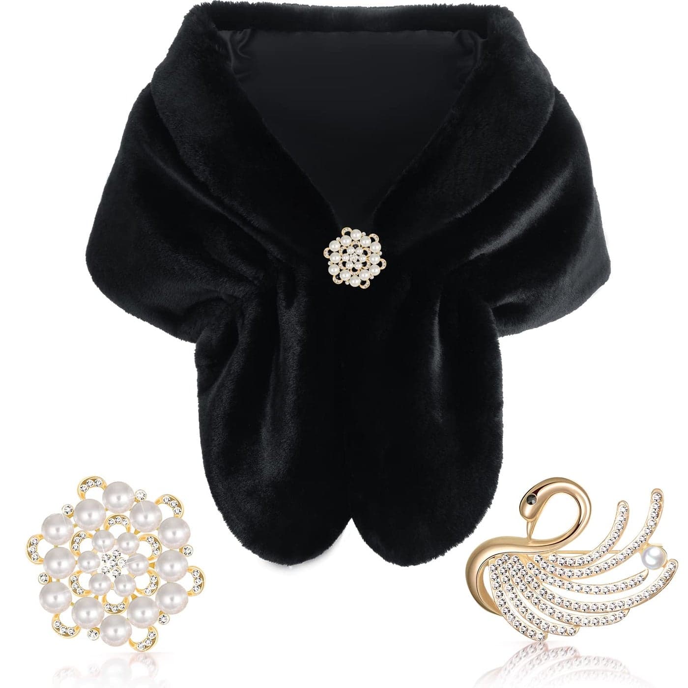 Geyoga Faux Fur Shawl Wrap Stole Shrug Winter Bridal Wedding Scarf Wrap with Faux Pearl Rhinestone Brooches for Women 1920s (Black, Medium, Short Hair)