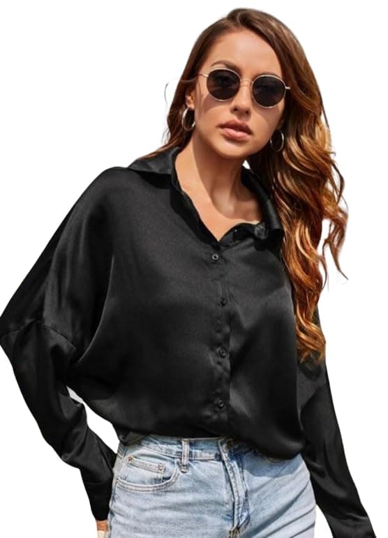 POPWINGS Solid Satin Shirt for Women| Satin Shirts for Women Stylish Western| Regular Fit and Full-Sleeves Casual and Semi-Formal Women's Shirts (Black)