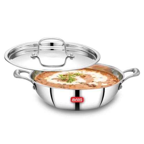 AVIAS Riara Triply Kadhai with Lid | 5 Years Warranty | Stainless Steel Kadai with Flat Bottom, Steel Casted Handles, 2.5 Mm Thickness, Induction Base, 2 Litre, 22cm