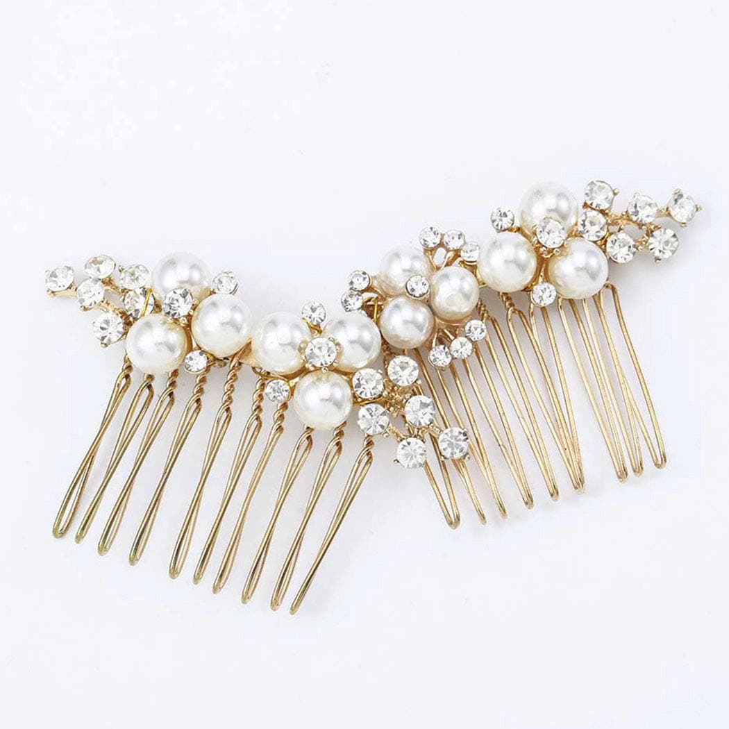 Asooll Gold Wedding Pearl Hair Comb Bride Crystal Headpiece Bridal Rhinestone Hair Clip Hair Accessories for Women and Girls Set of 2 AGold