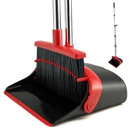 XXFLOWER Broom and Dustpan Set with Long Handle, Light Weight Stainless Steel Poles Stand Upright Dustpans with Broom Combo for Home Kitchen Office Pet Dog Hair, Black & Red Color, 1-Pack