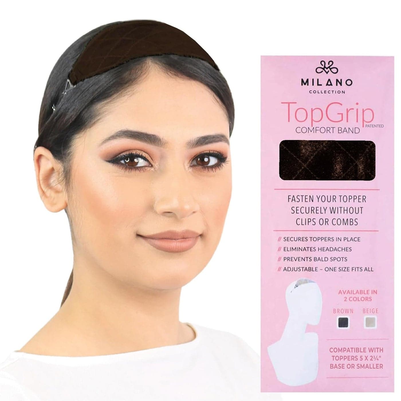 MILANO COLLECTION Glueless Top Grip for Hair Topper Wiglets Adjustable Translucent Strap with Side Openings Top Headband for Your Wig or Topper Includes Clips Brown Small