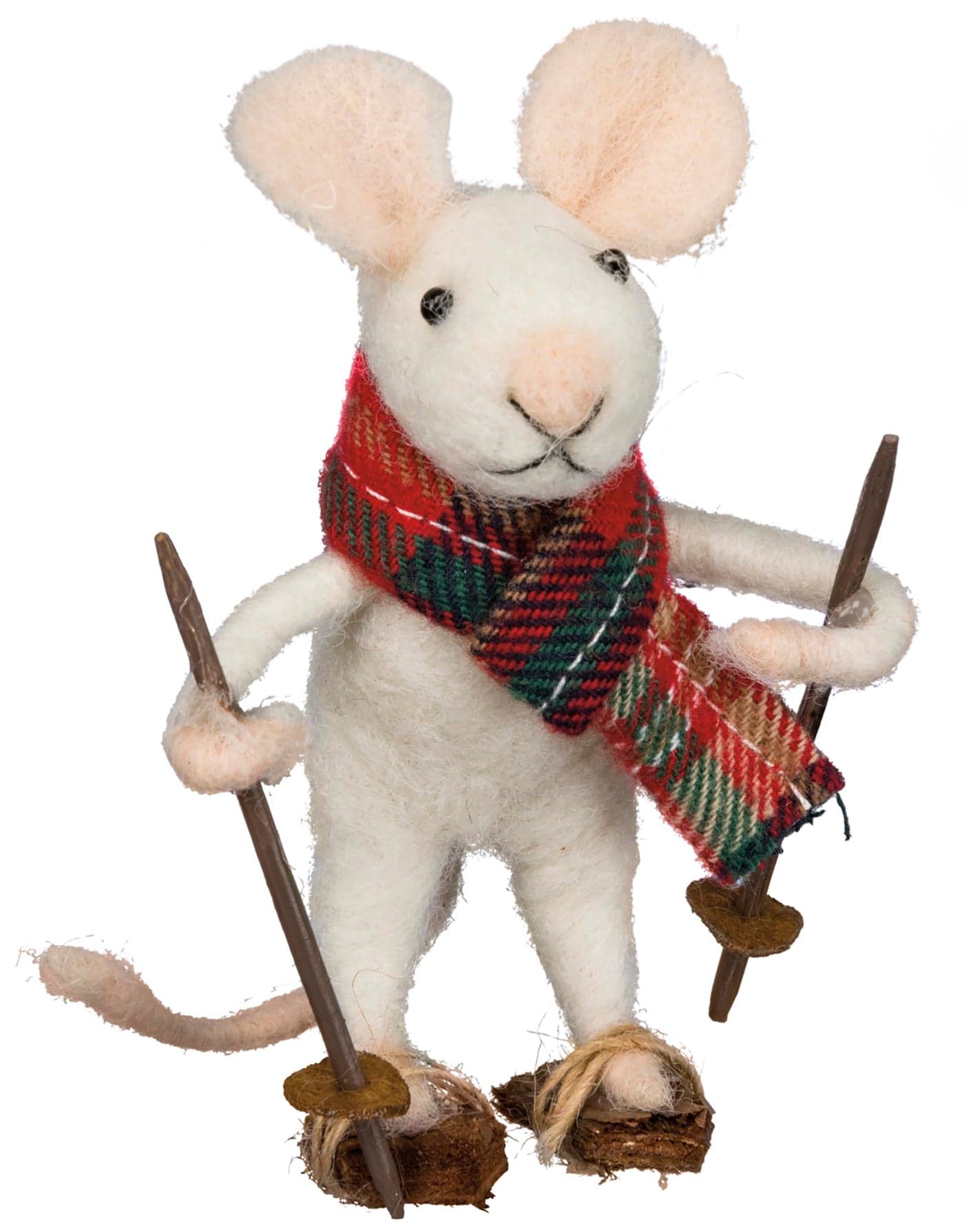 Primitives by Kathy Skiing Mouse Felt Collectible Critter, 6-Inch, Wearing Plaid Scarf This Mouse on Skis with Poles, adds a Whimsical Touch to Any Ski Lodge & Winter Cabin Decor