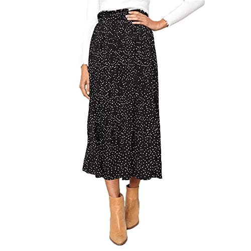 EXLURA Womens High Waist Polka Dot Pleated Skirt Midi Swing Skirt with Pockets Black