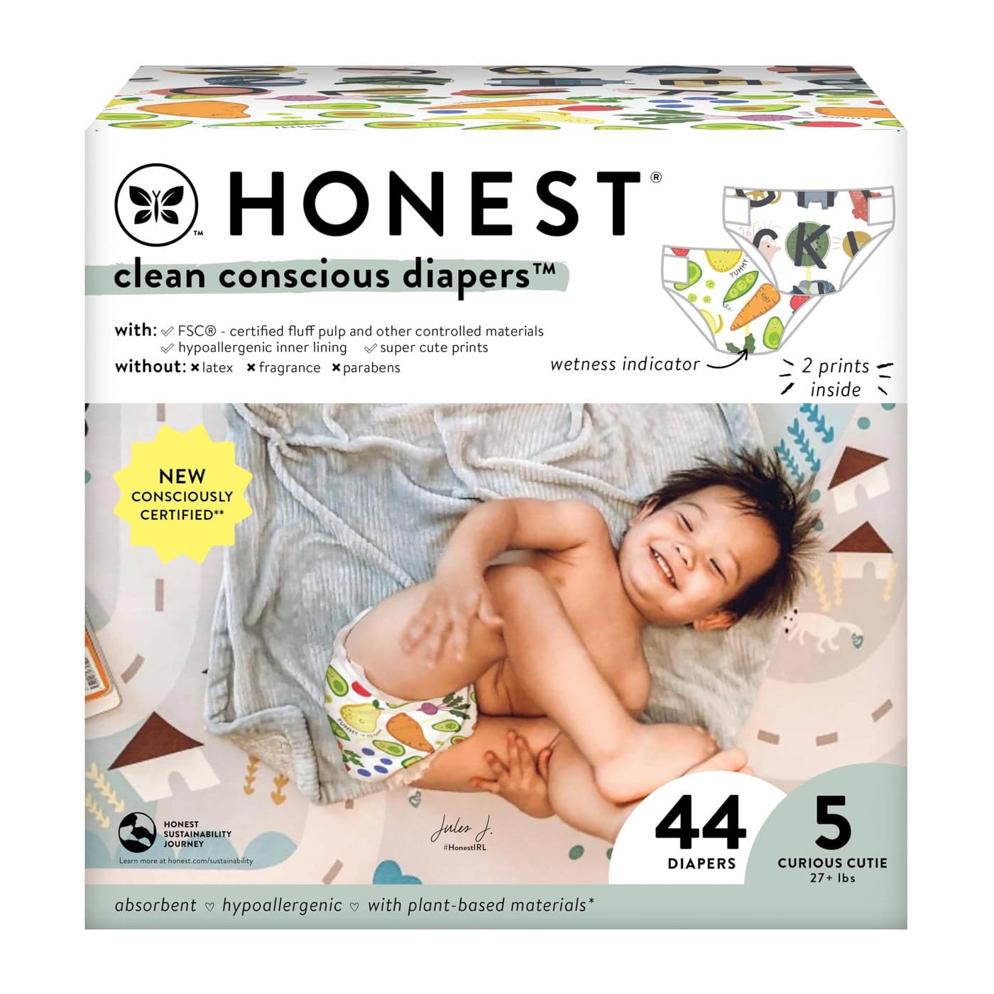 The Honest Company Clean Conscious Diapers | Plant-Based, Sustainable | So Delish + All The Letters | Club Box, Size 5 (27+ lbs), 44 Count