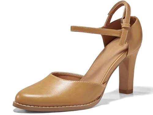 Coutgo Womens Chunky High Heels Closed Pointed Toe Ankle Strap Pumps Vintage D'Orsay Dress Party Shoes, Light Brown, Size 7