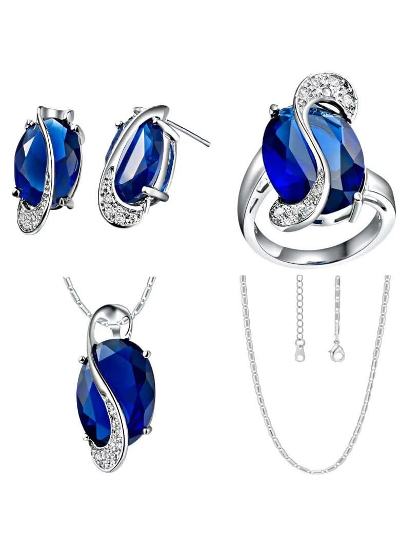 925 sterling silver Plated Elegant Blue Sapphire Silver Jewelry Set for Women – Necklace, Earrings & Ring – Sparkling Crystal Accents, Luxury Party Wear, Wedding Gift, Timeless Classic Design