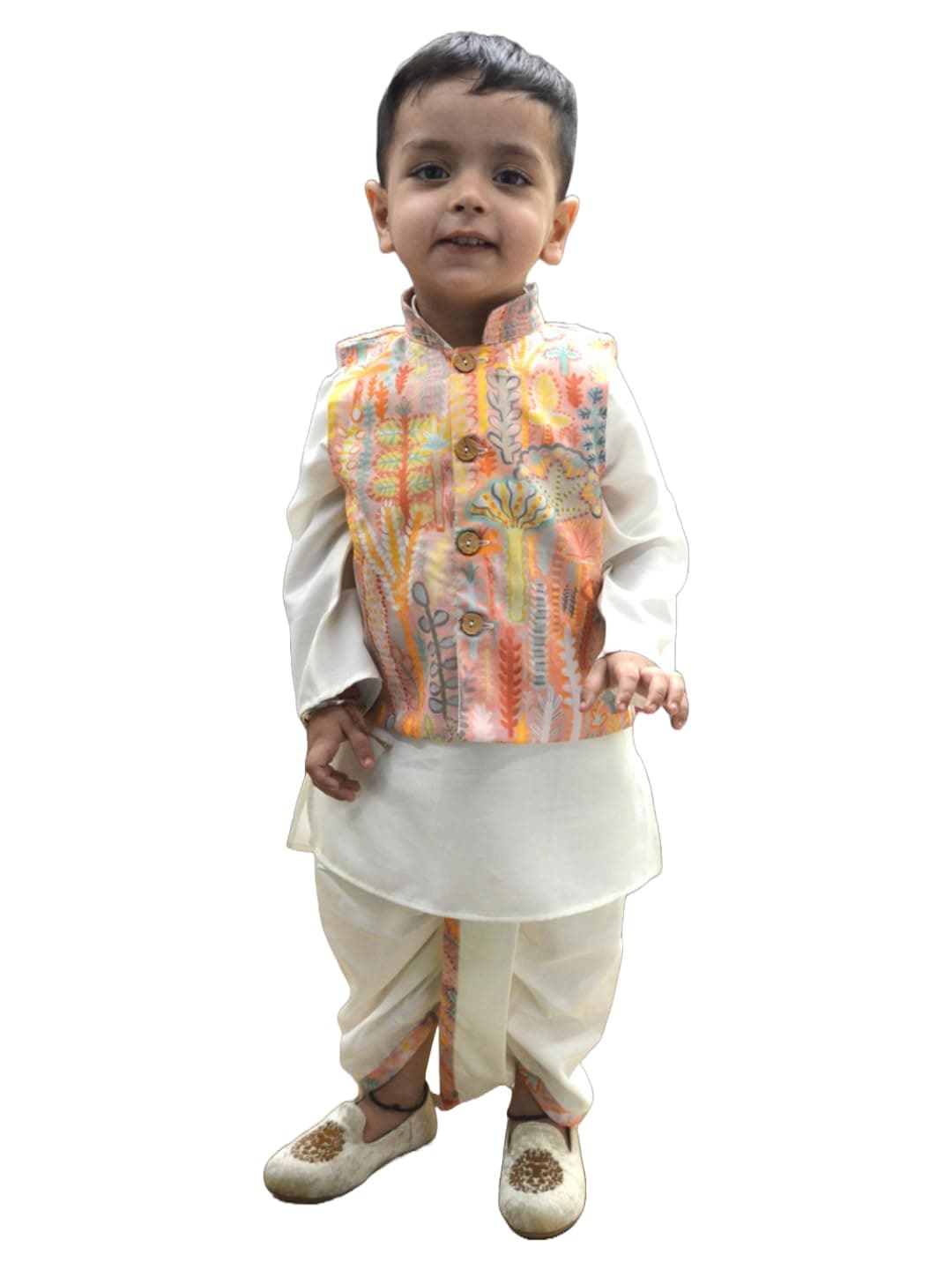 A.T.U.N. (ALL THINGS UBER NICE) Boys Off White Kurta Dhoti with Printed Nehru Jacket (3 Piece Set)