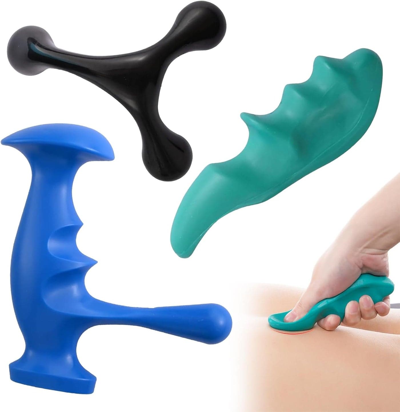 Manual Trigger Point Massage Tool and Thumb Saver for Full Body Deep Tissue Massage Set Include 1 Green Thumb Protector Tool 1 Palm Urchin Massage Tool Hand Held 4Legged Massage Knobs