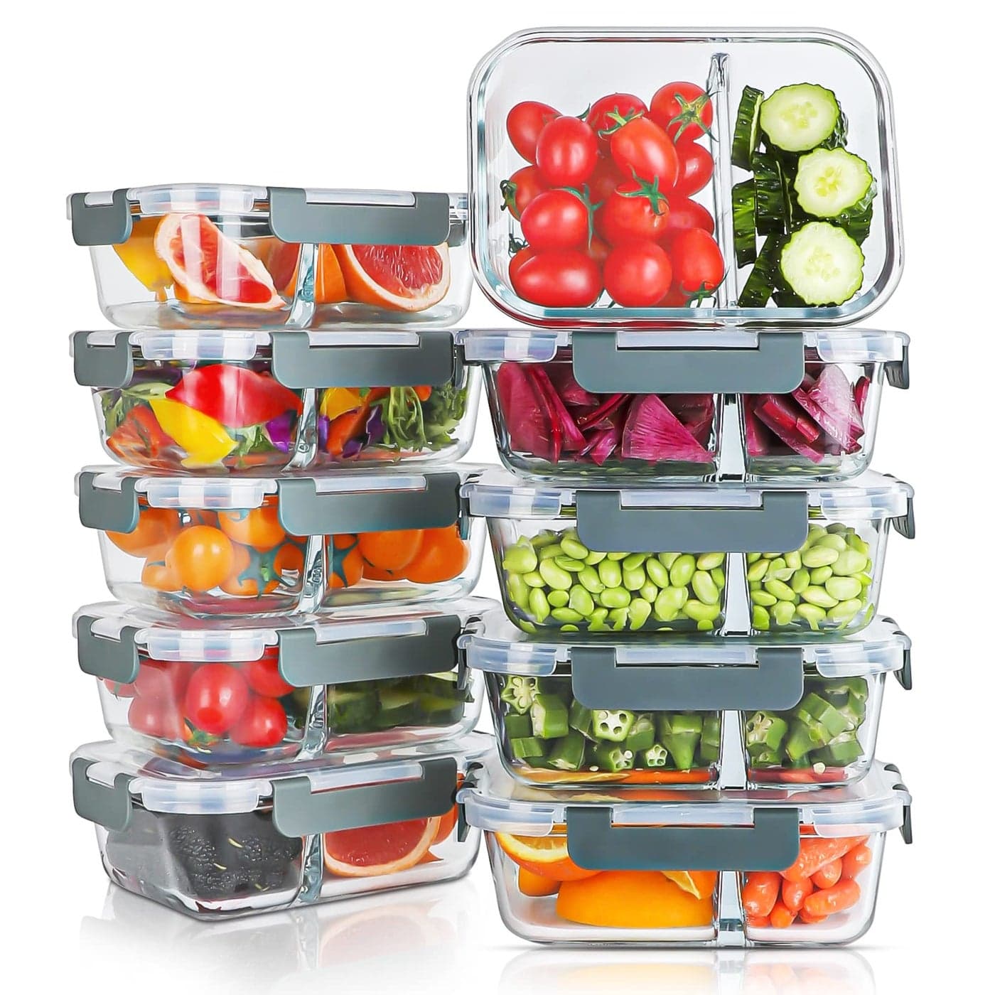 KOMUEE 10 Packs 30oz Glass Meal Prep Containers 2 CompartmentsGlass Food Storage Containers with LidsAirtight Lunch Bento BoxesMicrowaveOvenFreezer and Dishwasher Safe