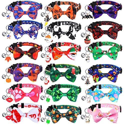 Kacctyen 18 Pcs Patriotic Cat Collars Bulk Easter Holiday Cat Collars with Bow Tie 4th of July Decoration Kitty Breakaway Adjustable Pet Kitten Bowtie Decor(Medium)