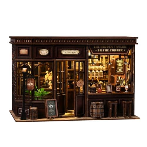Book Nook Kit DIY Miniature Dolls House Kit with Furniture and LED Light 3D Puzzle Wooden Art Bookends Model Kits for for Adults and Teens Corner Tavern