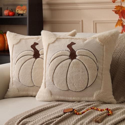 Allorry Fall Pillow Covers 18x18 Set of 2 Fall Beige Pumpkin Embroidery Throw Pillow Covers Soft Plush Faux Fur Cushion Covers for Sofa Bedroom Living Room Autumn Thanksgiving Home Decor PT010A18