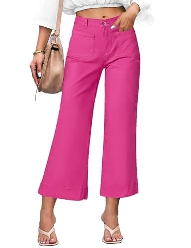 luvamia Wide Leg Jeans for Women Trendy High Waisted Flare Jeans Cropped Denim Pants Stretchy Baggy with Patch Pockets Flared Jeans for Women Women's Jeans Size 14 Hot Pink Clothes for Women Size 12