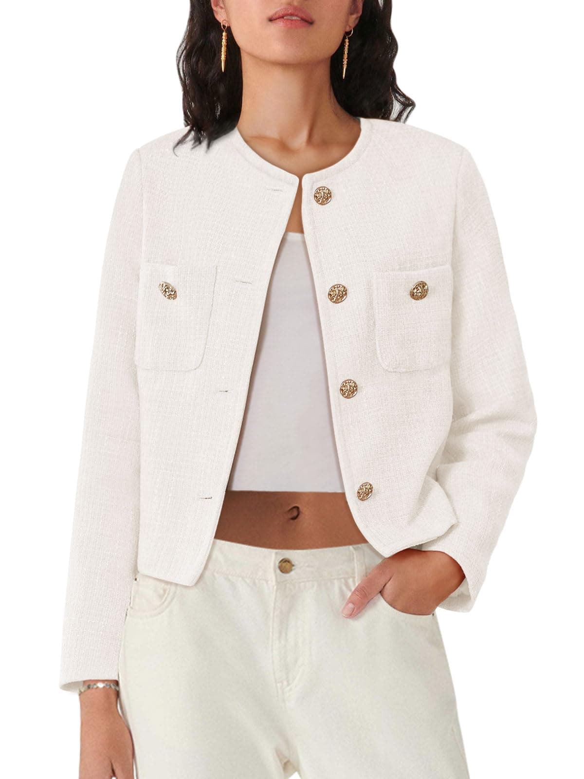 Women's Cropped Tweed Blazer Jackets Long Sleeve Business Button Down Casual Outfits with Pockets White