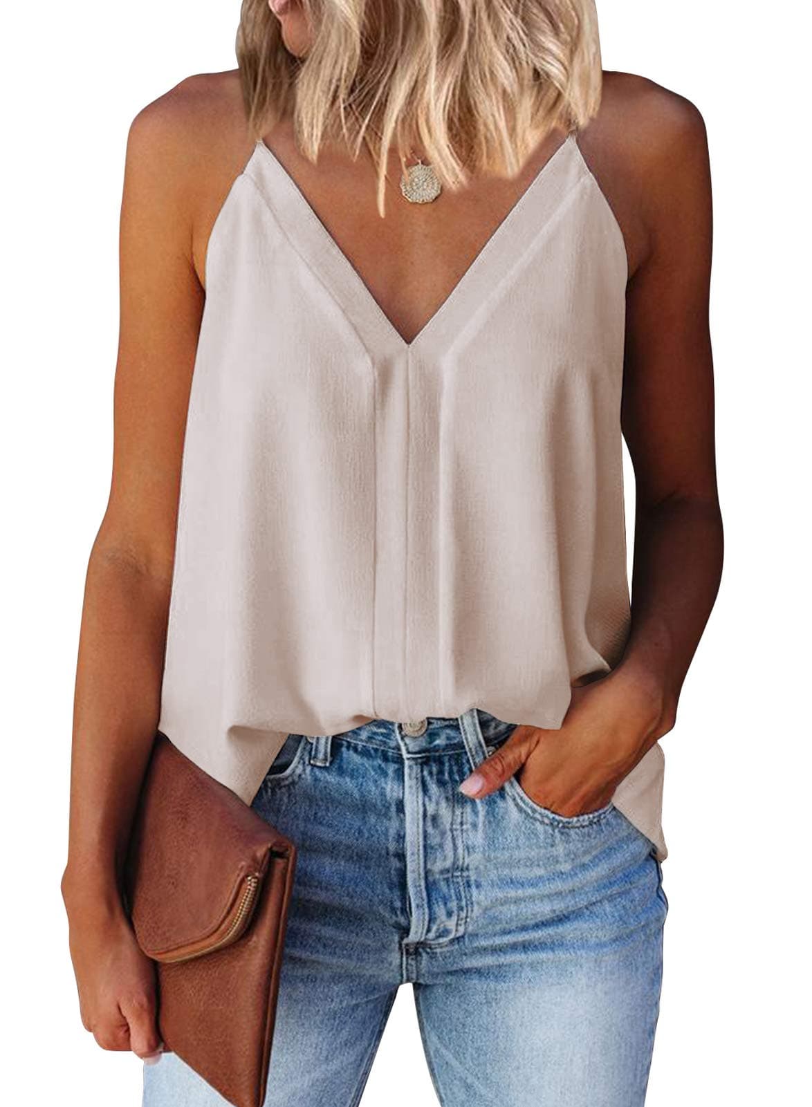 miduo Womens Tanks Top Summer 2025 Solid Casual V Neck Tanks Tops Cami Shirts Sleeveless Tanks Tops for Womens Apricot L