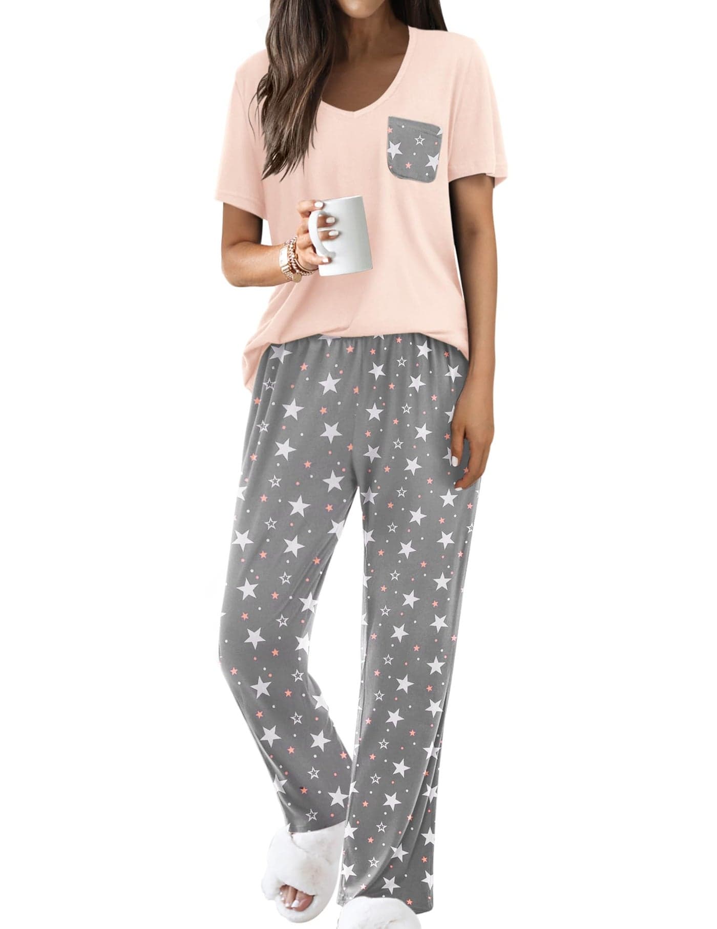 Ekouaer Pajama Sets for Women Short Sleeve Pj Set with Long Pants V Neck Sleepwear Chest Pocket Casual Loose Loungewear Pink-grey star XXL