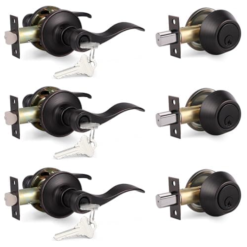 Probrico Oil Rubbed Bronze Entry Lever and Deabolt Sets, Keyed Alike Drop Levers with Single Cylinder Deadbolts and Key Combo Pack, Exterior Front Door Keyed Hardware, 3 Pack