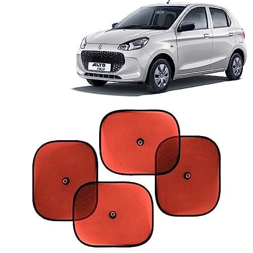 KINGSWAY Car Window Curtain Sticky Sun Shades Compatible with Maruti Suzuki Alto K10, (Year 2022-2023), Universal Fit Sunshades for Side Window, Rear Window, Red Color, 4 Pieces