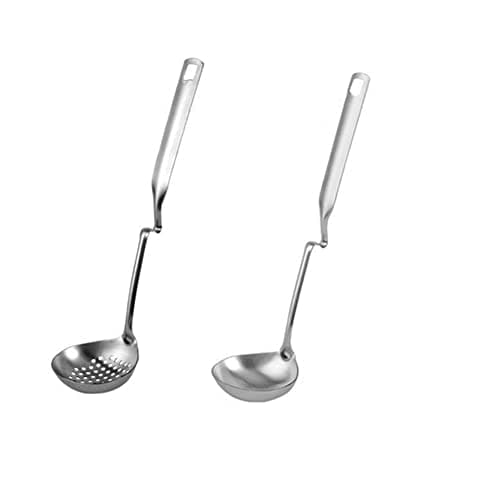 2 Pack Hot Pot Soup Ladle Spoon Slotted Spoons with S Shape Hanging Handle, 304 Stainless Steel Skimmer Spoon Ladles Strainer for Cooking