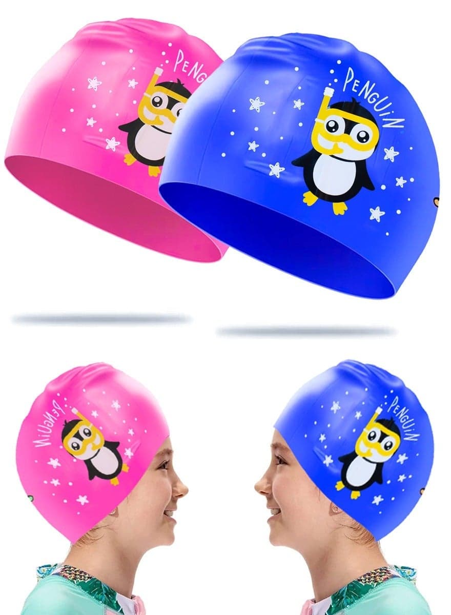 Silicone Swimming Caps for Kids, Girls Boys, Teens, Protecting Ears and Hair from Chlorine, Bacteria, Sand in the Water Odorless and Skin Friendly, Cute Penguin Shape Waterproof Swim Cap, Pack of 2