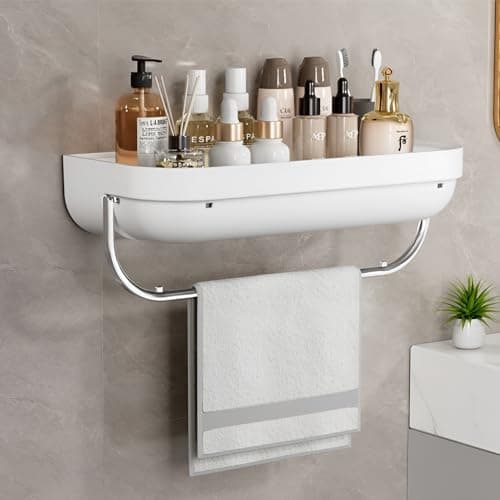 HoopVool Plastic Bathroom Shelf Organizer,Self Adhesive No Drill Shower Shelf Easy Installation, Wall Mounted Shelf, with Towel Napkin Holder with Hook,Used for Bathroom and Kitchen (Flat, White)