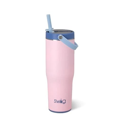 Swig Life 30oz Leak Proof ToGo Tumbler 30oz Leak Proof Water Bottle with Handle and Straw Large Insulated Tumblers Cup Holder Friendly Travel Mug Reusable Leakproof Water Bottle Rose Water