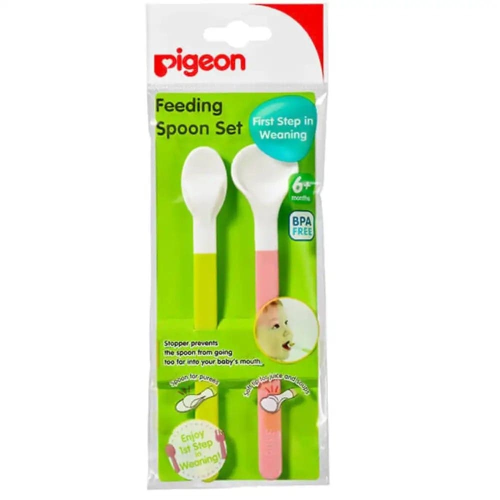Pigeon BPA Free Long Handle Feeding Spoon Set Pink And Green For 6 months Babies- 2pcs