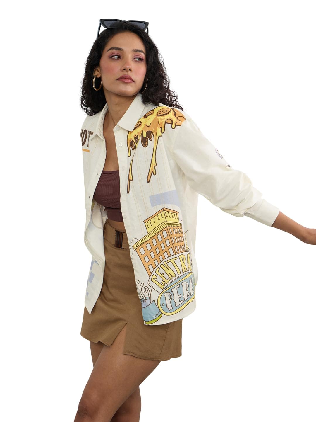 The Souled Store Friends: Memories Women and Girls Full Sleeves Spread Collar Graphic Printed Cotton Linen Oversized Fit Lightweight Pop-Culture Casual Streetwear Boyfriend Shirts Off White