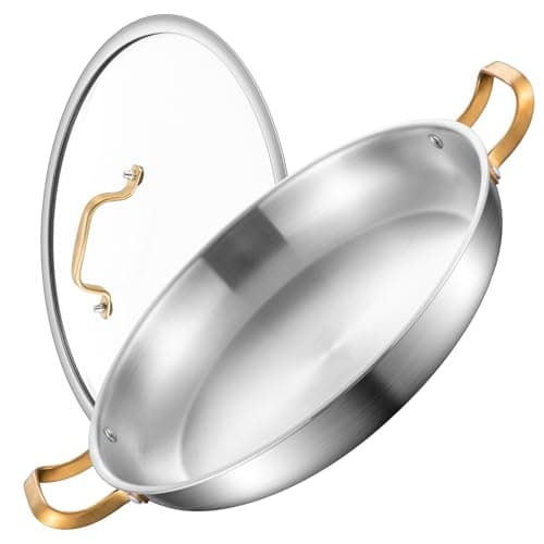 Yeksum 14 Inch Stainless Steel Paella Pan with Lid,Frying Pan, Tri-Ply Even Heating, Induction Ready & Dishwasher Safe – Great for Camping, Parties, Family Gatherings