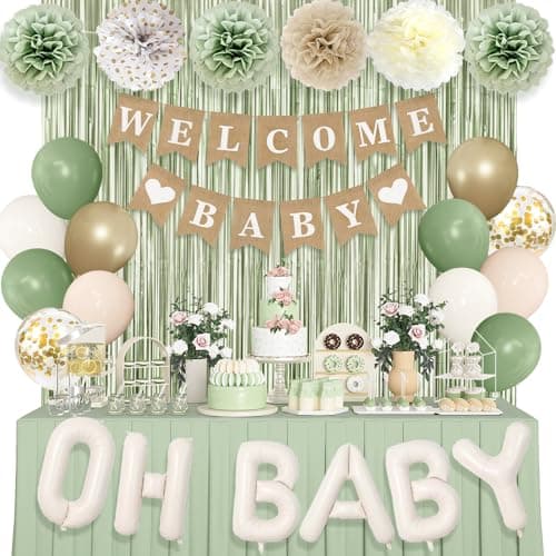 Ouddy Party Sage Green Baby Shower Decorations for Baby Green Balloons with WELCOME BABY Banner Fringe Curtains Foil Balloons Paper Flower for Boho Baby Shower Birthday Gender Reveal Party Supplies