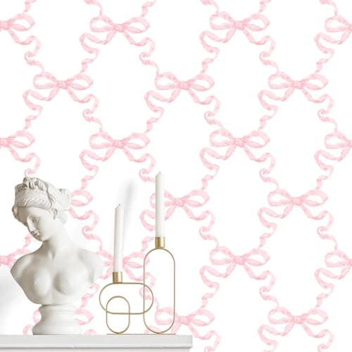 MotiMind Pink Bow Wallpaper 15.75 x 118 Inch Bow Ribbon Trellis Wallpaper Coquette Trendy Preppy Peel and Stick Ribbons Feminine Ballet Girly Adhesive Removable Coquette Room Decor