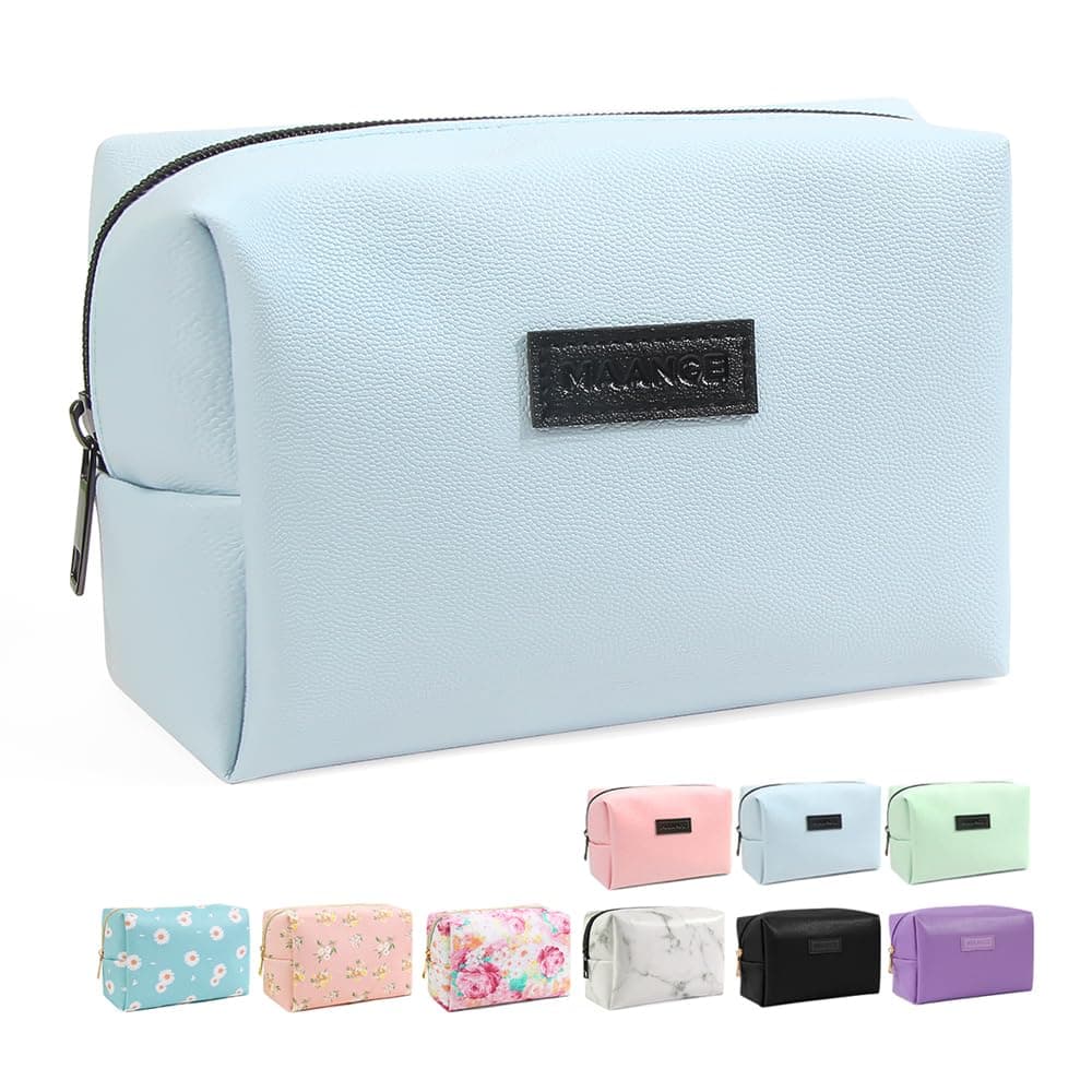 MAANGE Small Makeup Bag For Purse, Travel Cosmetic Bag Makeup Pouch PU Leather Portable Versatile Zipper Pouch For Women (Blue)