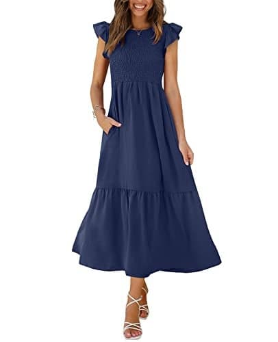 OFEEFAN Summer Maxi Dress Flutter Sleeve Business Casual Dress for Women Navy Blue L