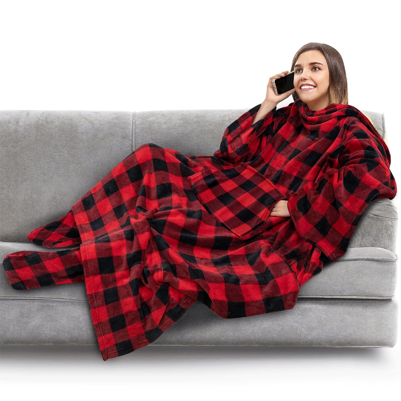 PAVILIA Fleece Blanket with Sleeves Foot Pockets for Women Men Adults Plush Wearable Blanket Throw Wrap Warm Snuggle Blanket Robe Cozy Gift Ideas Wife Mom Checkered Red