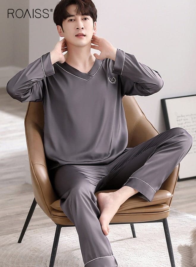 Summer Men's Ice Silk Thin V-Neck Breathable Pajama Long-Sleeved Long Pant Pajama Set Simple Leisure and Comfortable Loungewear Set for Men Elastic Waist