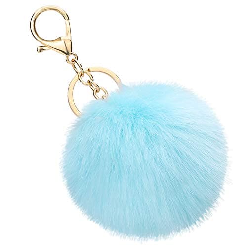 Soleebee Soft Artificial Rabbit Fur Keychain Pom Pom Key Ring Cute Plush Ball Bag Charm for Women Girls (Sky Blue)
