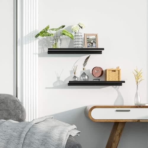 OrganizeMee Metal Wall Mounted Shelves Rack,Bluetooth Speaker,Wi-Fi Camera Stand Corner Floating Shelf for Living Room & Bedroom,Home Decor Items Plant Pot mounting Racks (Black Set of 2)
