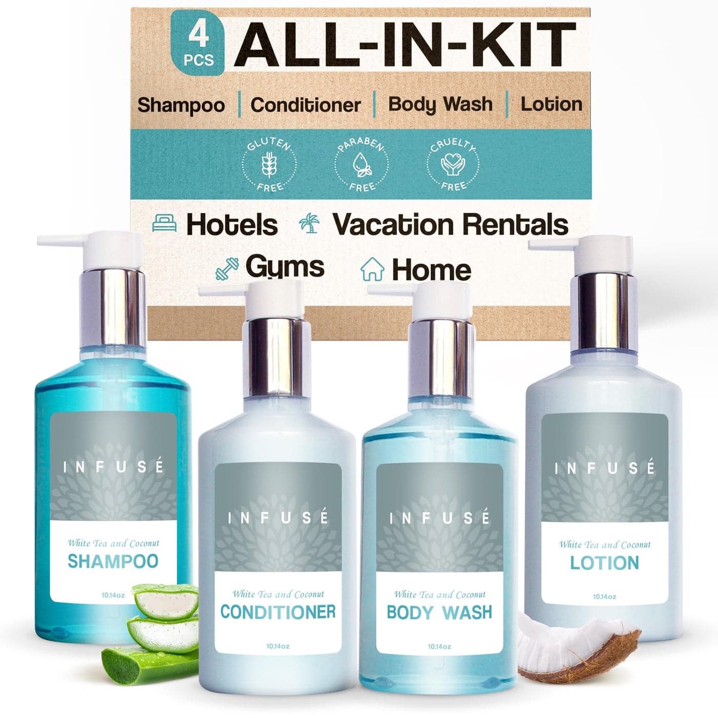1Shoppe Infuse 4 Piece Ecobox AllInKit White Tea and Coconut Soap 1 Shampoo 1 Conditioner 1 Body Wash and 1 Lotion 1014 oz Hotel Soaps and Toiletries Bulk Personal Care Products