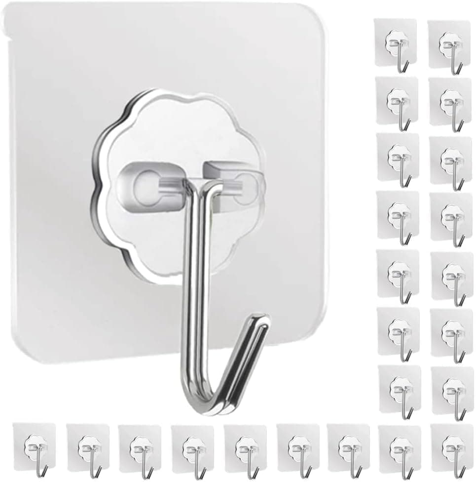 TEKCOOL PVC,Stainless Steel 13.2LB(Max) Heavy Duty Self Adhesive Hooks Transparent Waterproof & Oilproof Wall Hooks for Kitchen Bathroom Shower Door Outdoor Home Improvement Utility Hook 30 Pack