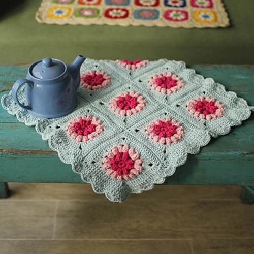 KAAHIRA Handmade Crochet Table Runner, Cotton Floral Granny Square Design, Cotton Center Table Cover for Dining Table Living Room Cafe, Mint Green and Pink -18x18 inches