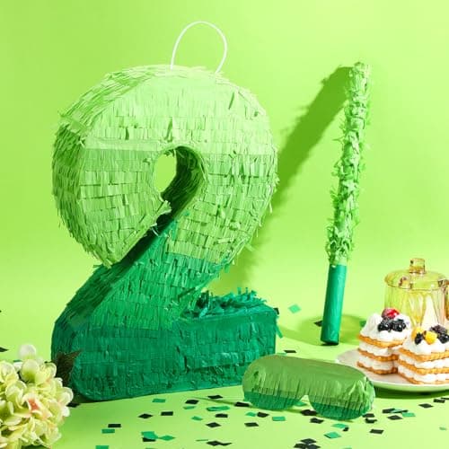 WinnerWhy Number Piata Decorations 16 Inch Gradient Green Piata with Blindfold Stick and Confetti for Birthday Baby Shower Safari Jungle Themed Party Supplies CenterpieceNumber 2