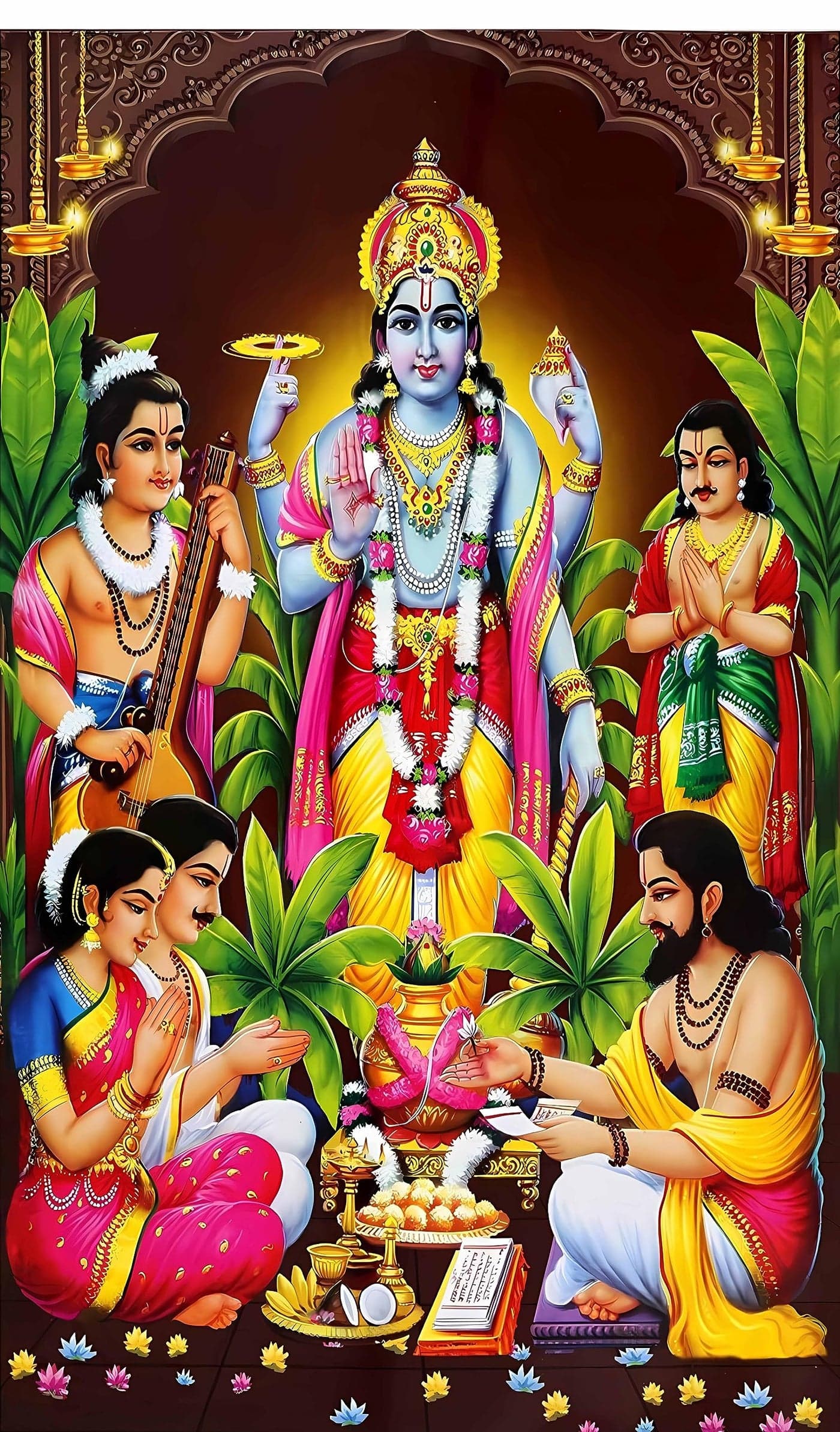 Backdropon Lord Satyanarayana is a Form of Lord Vishnu Design Backdrop Cloth for Pooja Decoration Traditional/Background Curtain Cloth for Festival Size 8 Feet Height and 5 Feet Width(8 * 5)